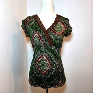 Vintage Y2K Babydoll Top Womens Medium Green Brown Lace Wrap Fairy Grunge Boho